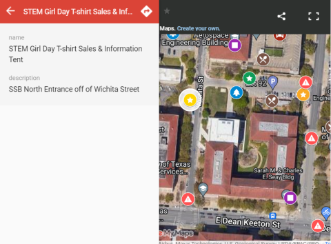 T-shirt Tent Location Screenshot from STEM Girl Day Google Map