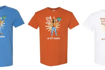 STEM Girl Day at UT Austin logo shirts - three colors: blue, burnt orange, white