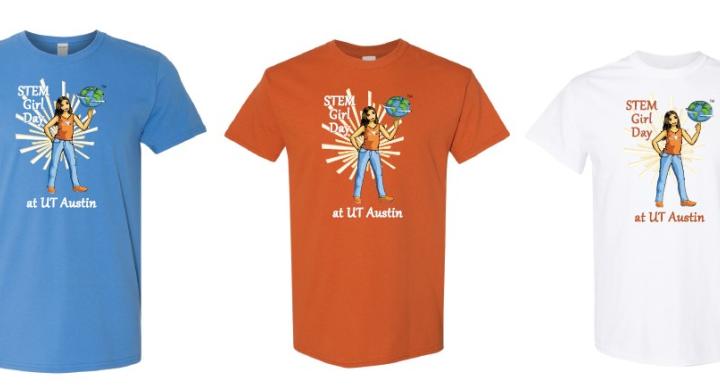 STEM Girl Day at UT Austin logo shirts - three colors: blue, burnt orange, white